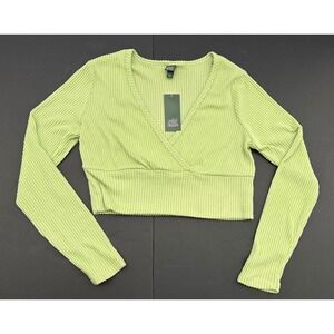 Wild Fable Sage Green Soft Ribbed Long Sleeve Crop Top Surplice Neck New Size L
